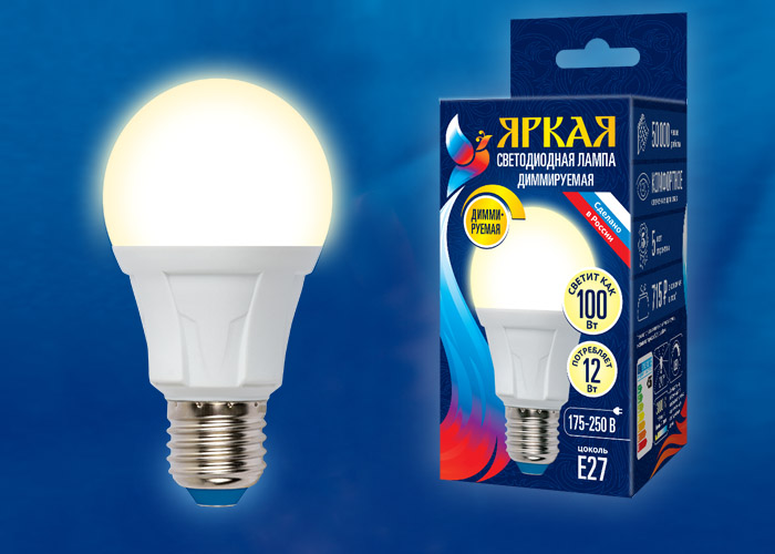 Лампа светодиодная UNIEL LED-A60 12W/3000K/E27/FR/DIM PLP01WH картон диммируемая