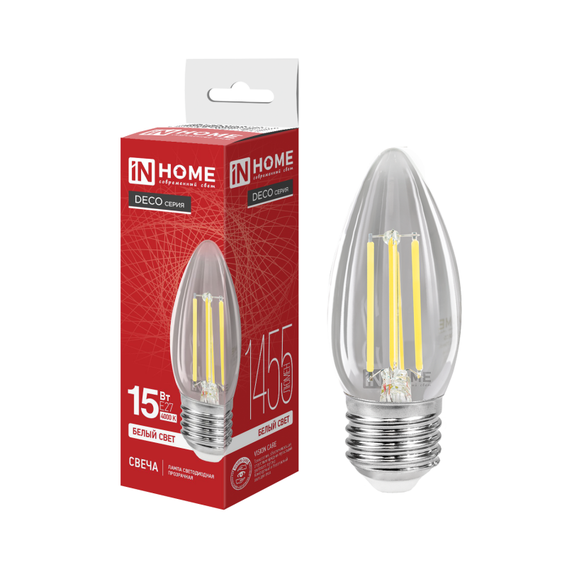 Лампа светодиодная LED-СВЕЧА-deco 15Вт 230В Е27 4000К 1455Лм прозрачная IN HOME