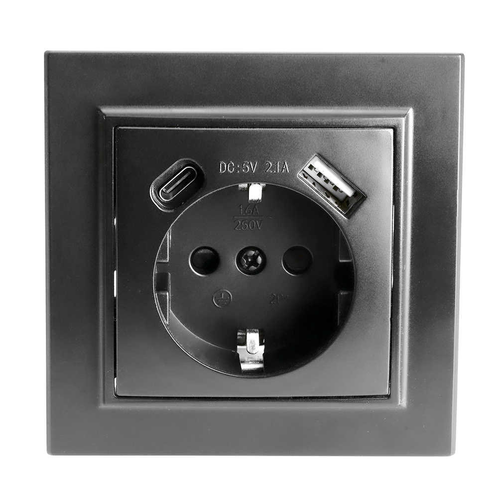 Розетка 1-местная USB + type C, 250В, 2.1А, серия Эрна, PST16-9016-03, черный