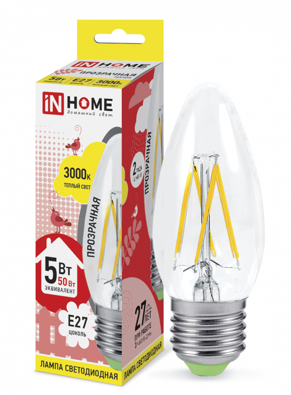 Лампа светодиодная IN HOME LED-СВЕЧА-deco 5Вт 230В Е27 3000К 450Лм прозрачная