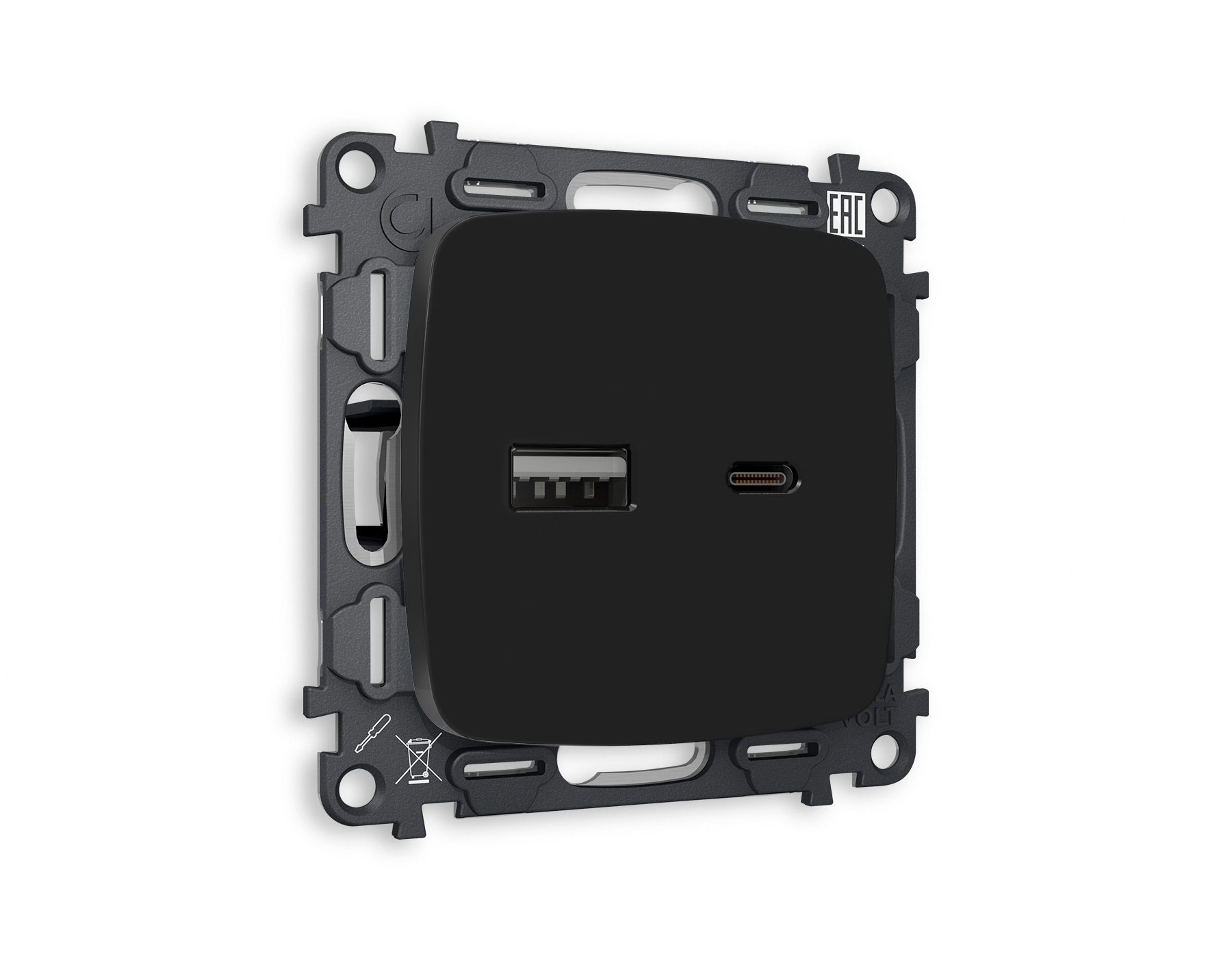 MO811010 Комплект механизма розетки OMEGA Черный матовый 2USB A+C 20W QUANT (OP8110,VM177) 