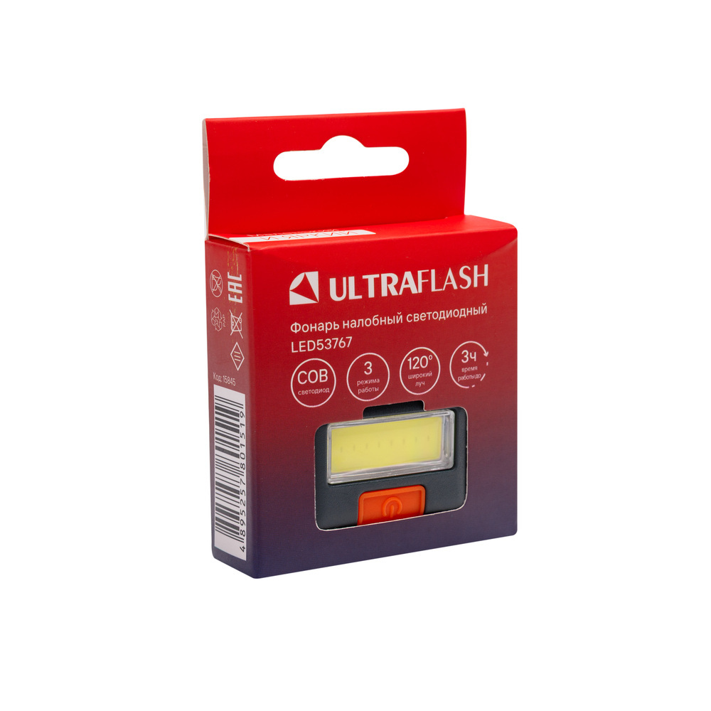 Фонарь ULTRAFLASH LED53767  (налоб, черн, COB, 3 реж, 3XAAA, пласт, кор)