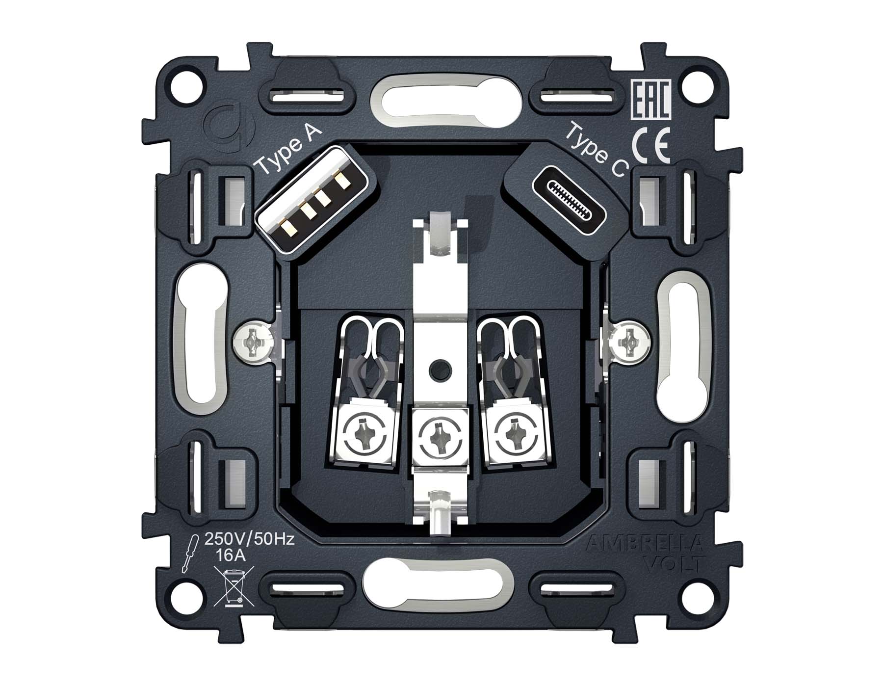 VM160 Механизм электрической розетки 2USB A+C 20W (быстрая зарядка) с/з на винт заж 16A-250V QUANT