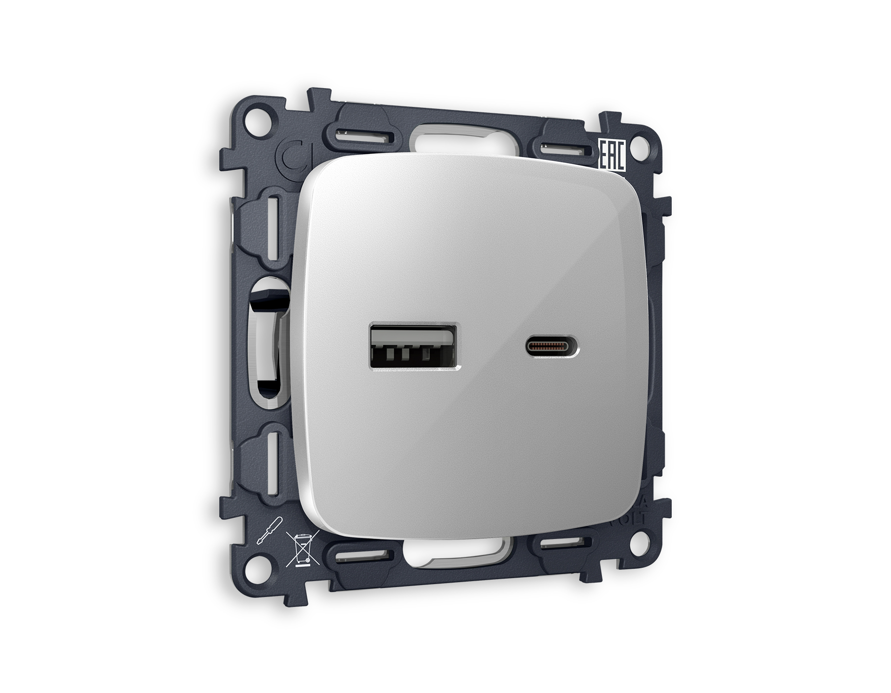 MO411010 Комплект механизма розетки OMEGA Серебро глянец 2USB A+C 20W QUANT (OP4110,VM177)