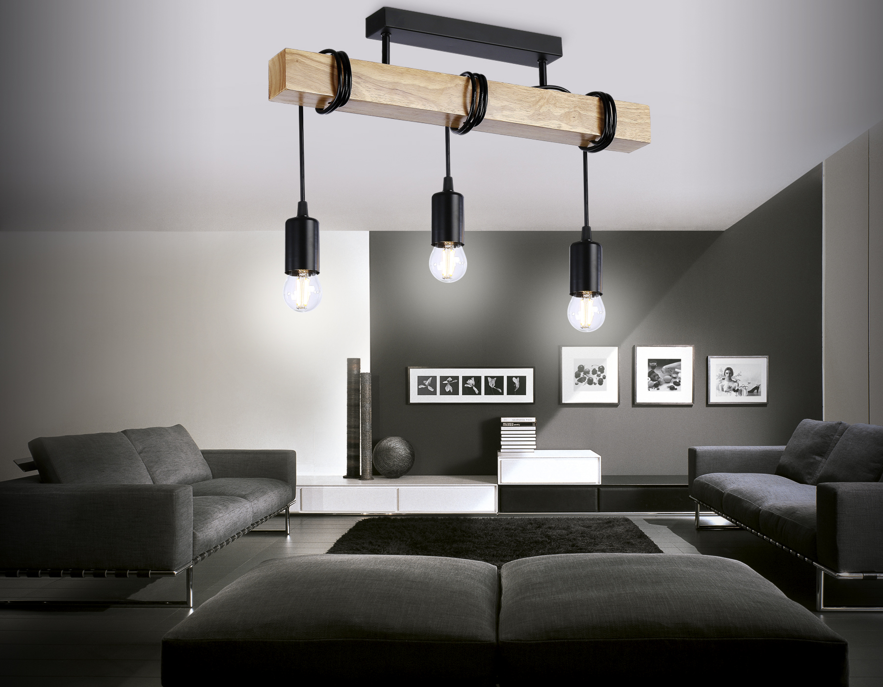 Светильник подвесной в стиле лофт Ambrella TR8182/3 BK/LW черный/светлое дерево E27*3 max 40W