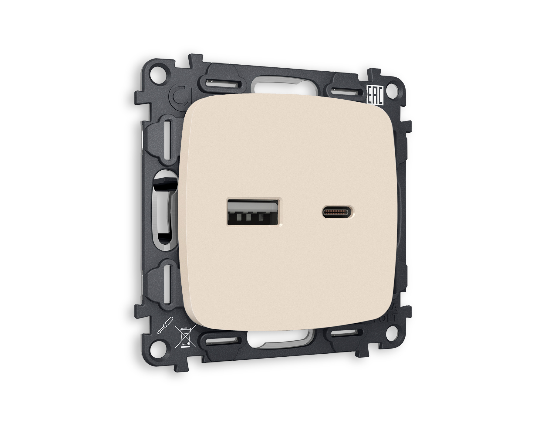 MO331010 Комплект механизма розетки OMEGA Бежевый матовый 2USB A+C 20W быст/зар QUANT (OP3310,VM177)