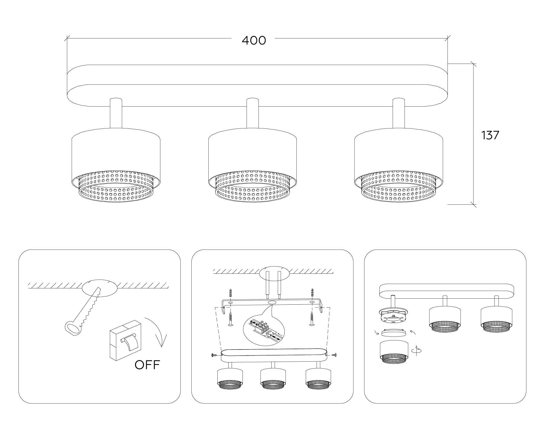 Спот накладной поворотный AMBRELLA TN71295/3 BK/GD черный/золото GX53/3 max 12W 400*95*137 