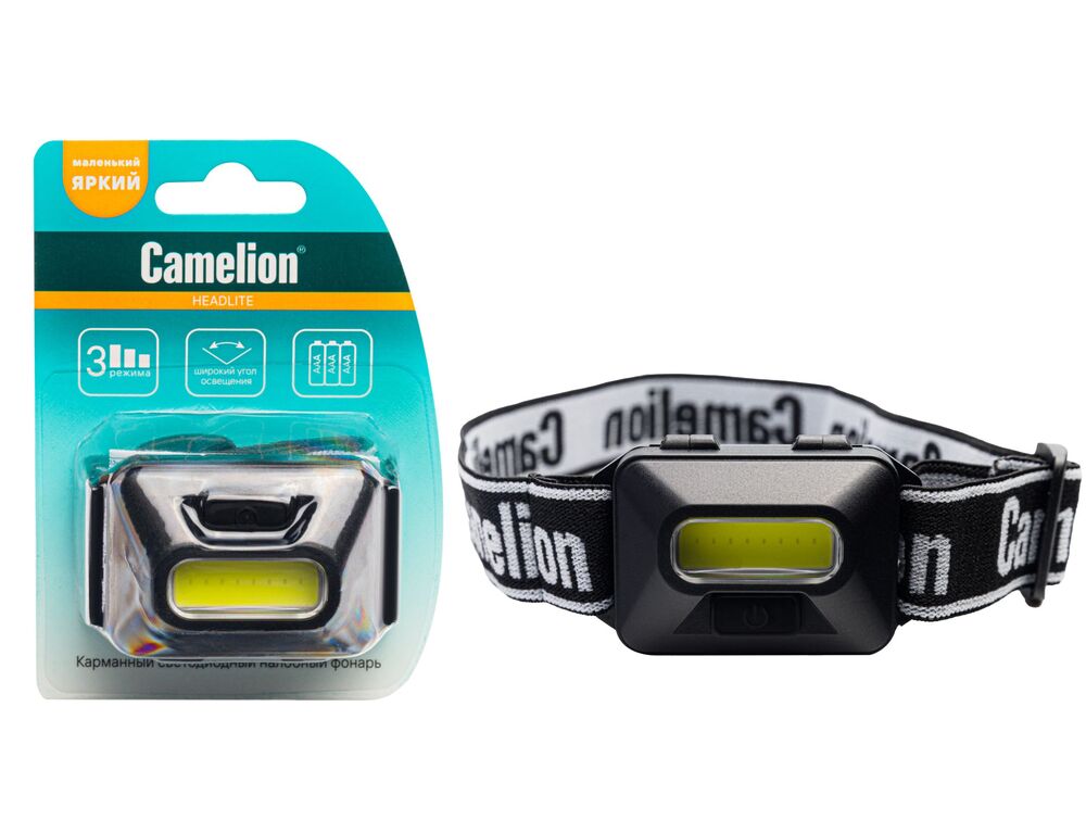 Фонарь CAMELION LED5384 налобн, черный,1Вт COB LED, 3 реж, 3XAAA, пласт, блист