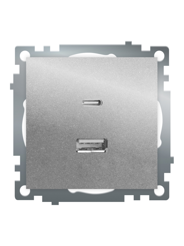 Розетка 2-местная USB + type C (механизм), 250В, 3А, max 20W, серия Катрин, серебро, GLS10-7116-03