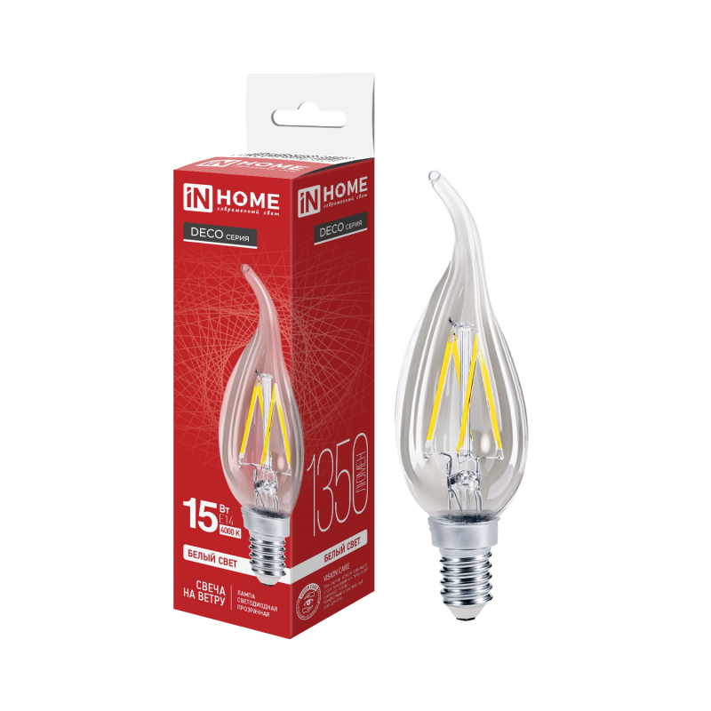 Лампа светодиодная LED-СВЕЧА НА ВЕТРУ-deco 15Вт 230В Е14 4000К 1455Лм прозрачная IN HOME