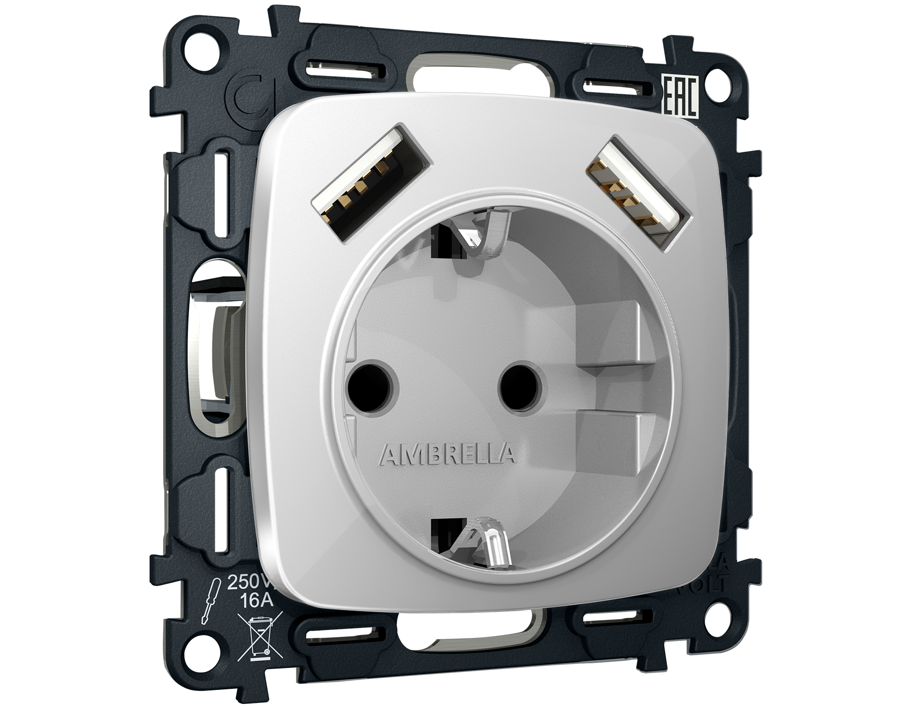 MO409010 Комплект механизма электр розетки OMEGA Серебро глянец 2USB A+A 18W с/з QUANT(OP4090,VM155)