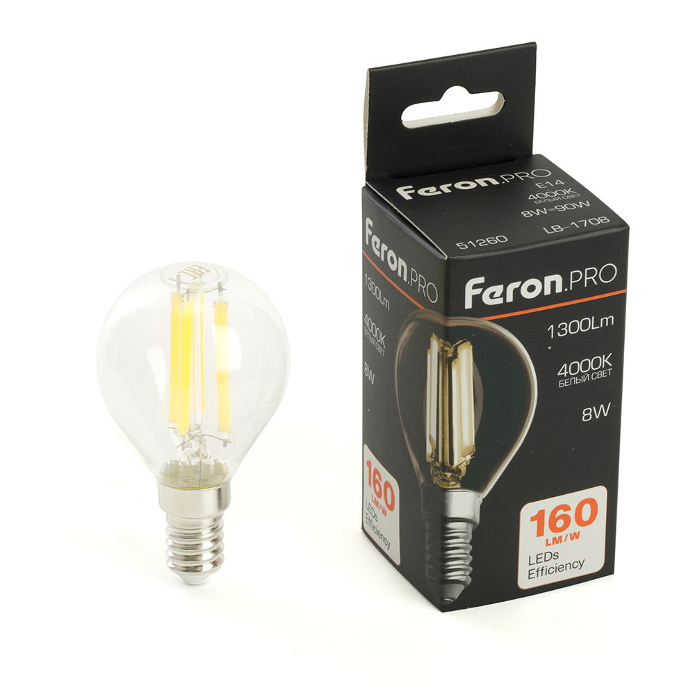 Лампа светодиодная FERON PRO LB-1708 1300LM 8W 175-265V E14 4000K G45 прозрачная 
