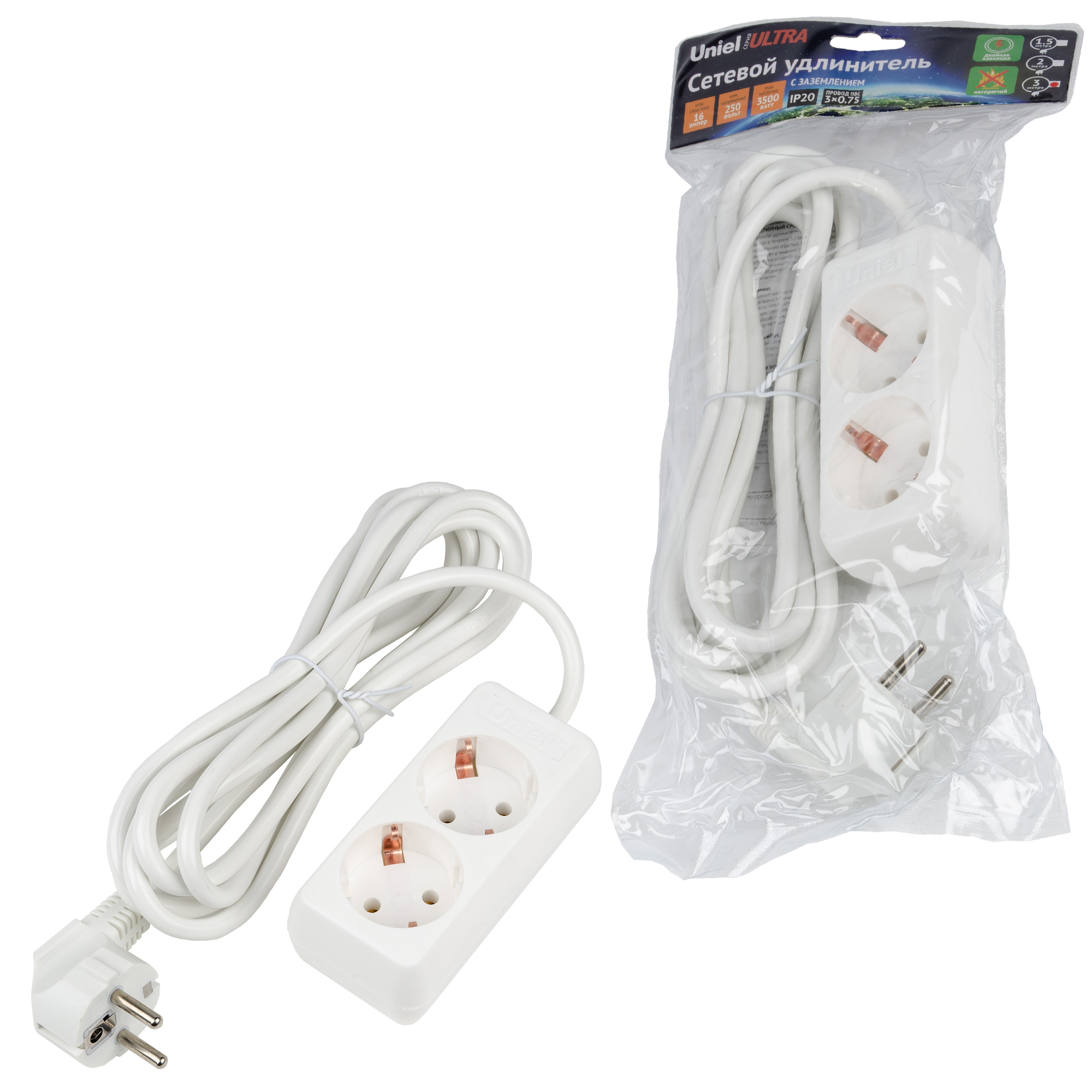 Удлинитель UNIEL S-GCU2-3 WHITE шнур 3м., 2 гнезда, 16A, с/з. Белый. серии Ultra