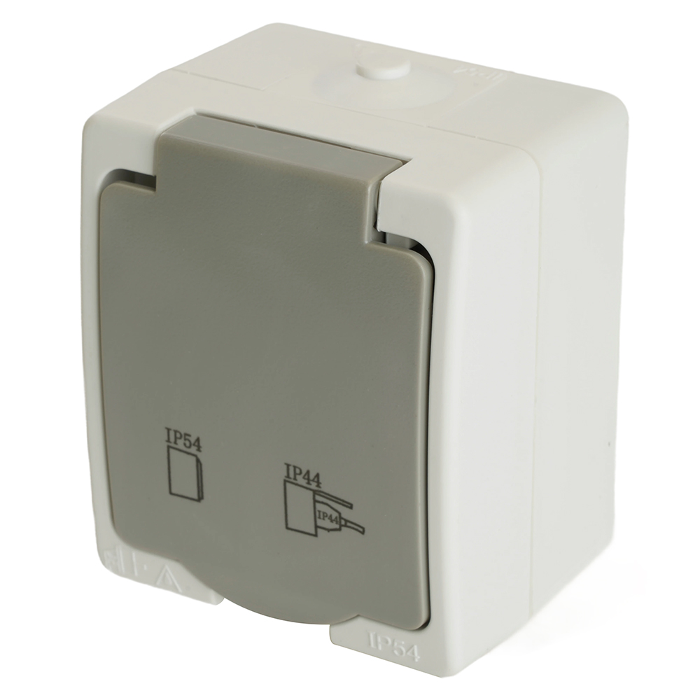 Розетка 1-местная с крышкой с/з, 250В, 16А, IP54, PST16-21-54, белый/серый