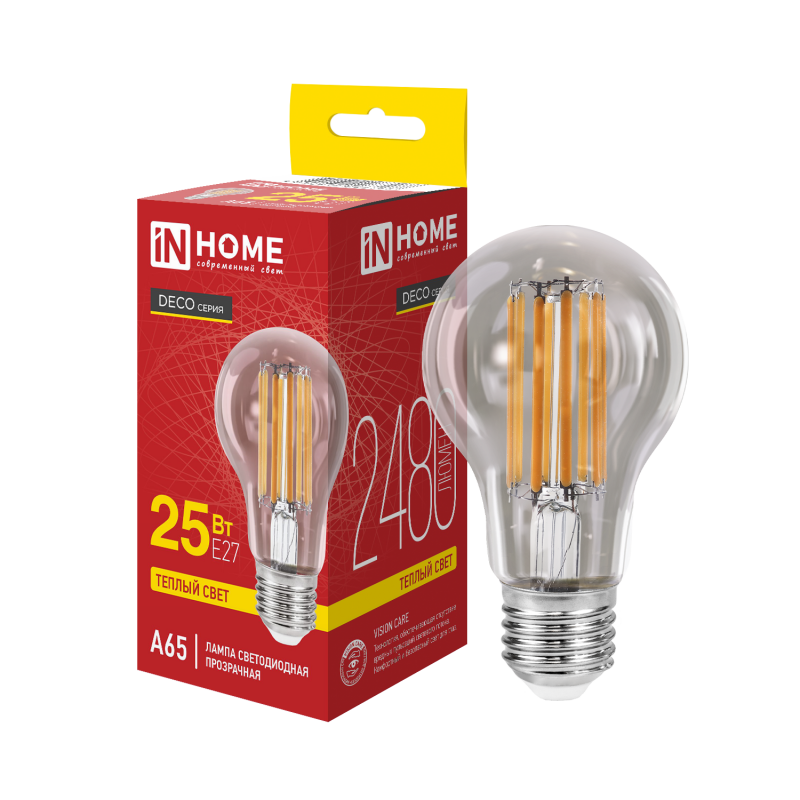 Лампа светодиодная LED-A65-deco 25Вт 230В Е27 3000К 2480Лм прозрачная IN HOME