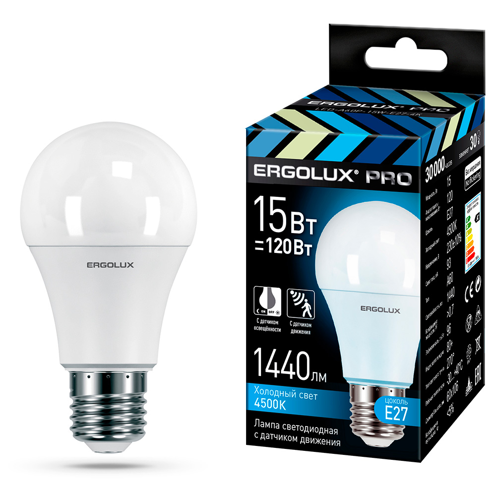 Лампа Ergolux LED-A60P-15W-E27-4K PRO (ЛОН 15Вт Е27 4500К 220-240В с датчиками)
