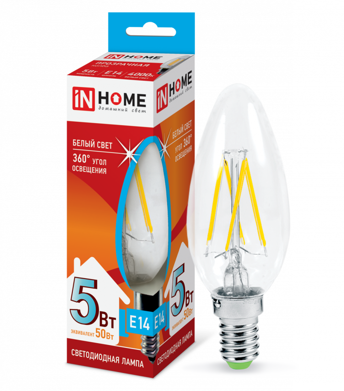 Лампа светодиодная IN HOME LED-СВЕЧА-deco 5Вт 230В Е14 4000К 450Лм прозрачная
