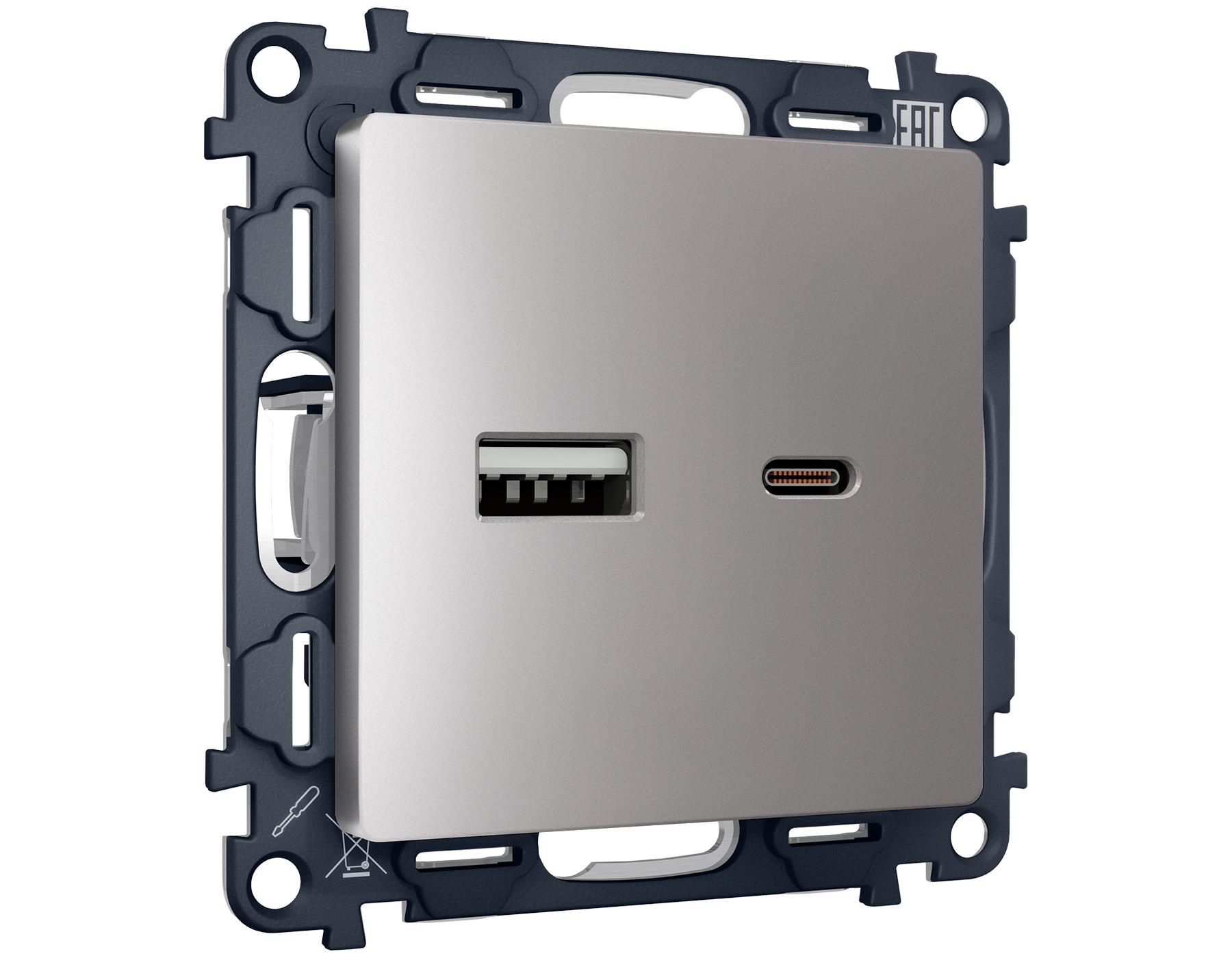 MA511010 Комплект механизма розетки ALFA Сталь матовый 2USB A+C 20W быстр.заряд QUANT (AP5110,VM177)