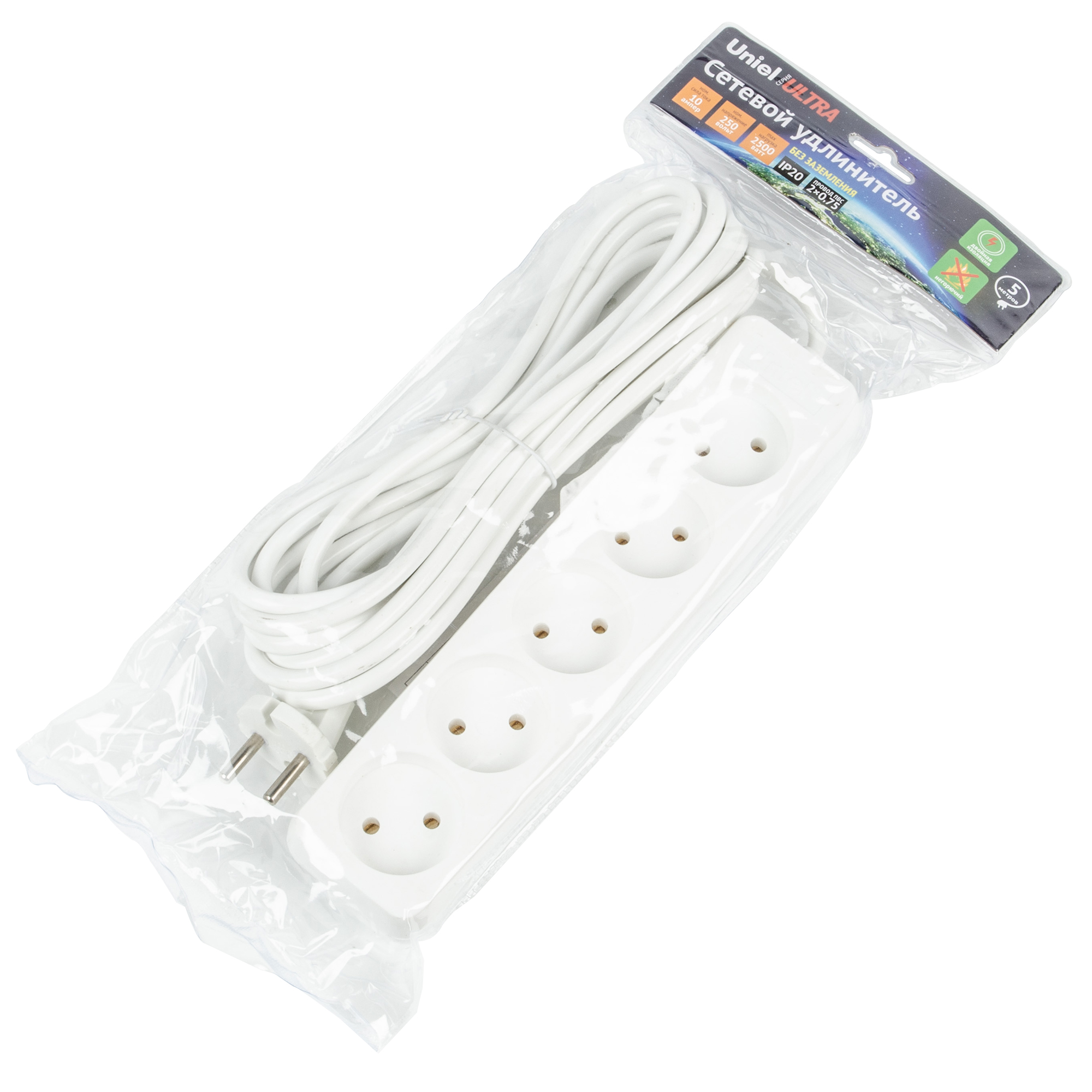 Удлинитель UNIEL S-CU4-5 WHITE шнур 5м., 4 гнезда, 10A, б/з. Белый. серии Ultra