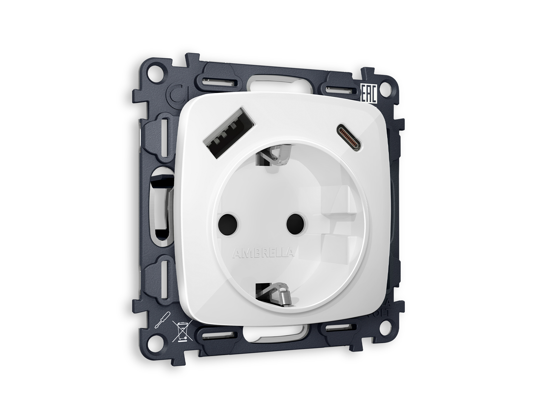 MO110010 Комплект механизма электр розетки OMEGA Белый глянец 2USB A+C 20W с/з QUANT (OP1100,VM160)