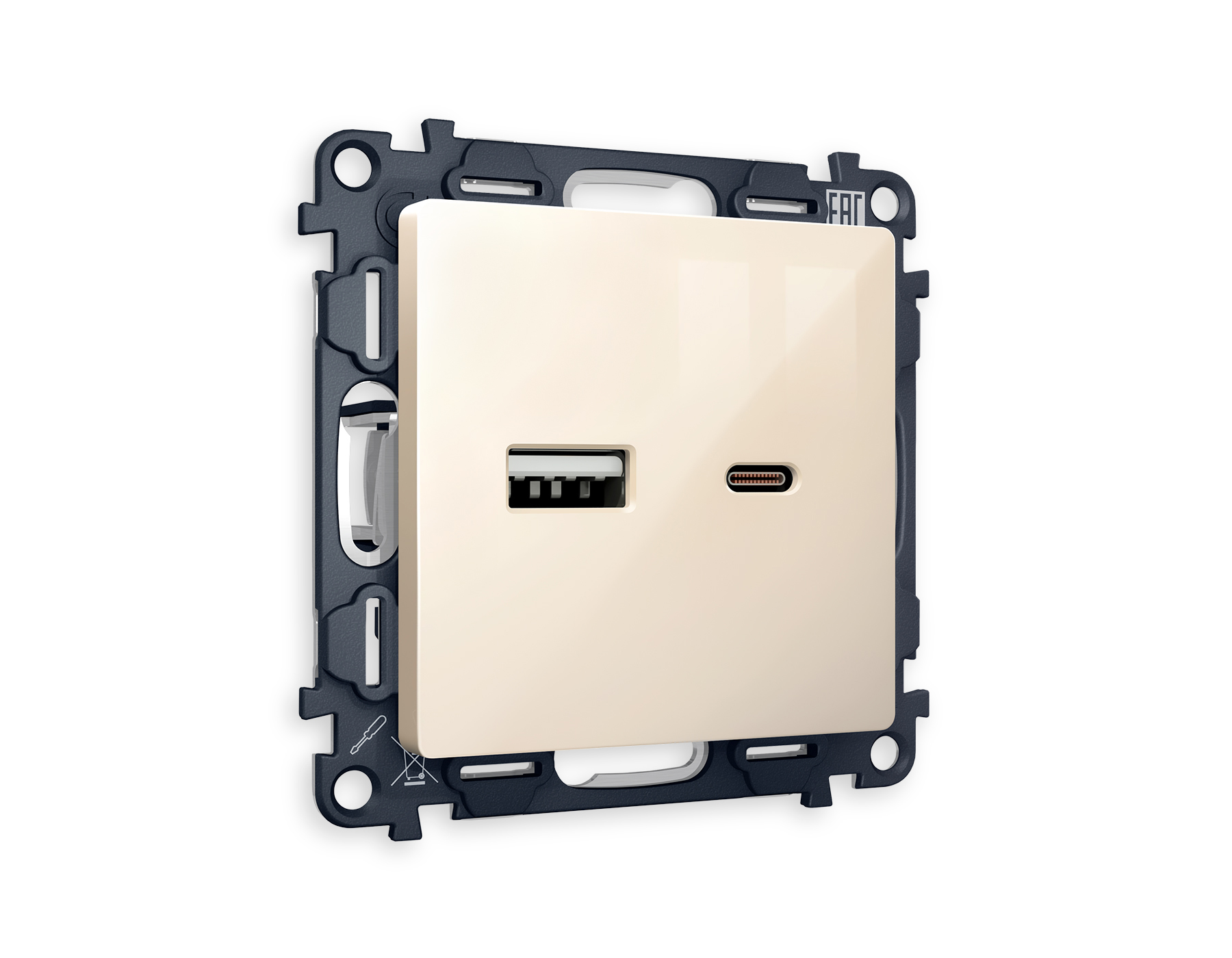 MA311010 Комплект механизма розетки ALFA Бежевый глянец 2USB A+C 20W быстр.зар QUANT (AP3100,VM177)