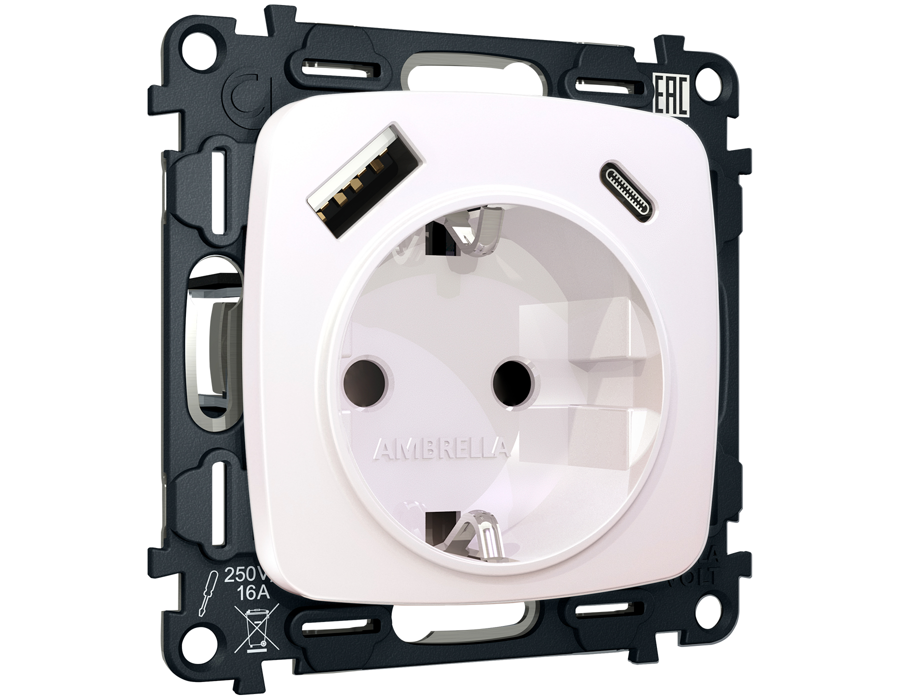 MO210010 Комплект механизма электр розетки OMEGA Жемчуг 2USB A+C 20W быст/з с/з QUANT(OP2100,VM160)