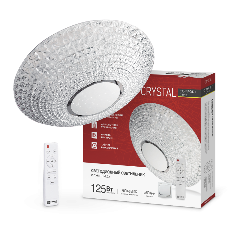 Светильник сд COMFORT CRYSTAL 125Вт 230В 3000-6500K 10000Лм 500x115мм с пультом ДУ IN HOME