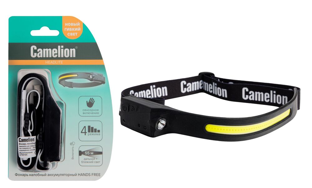 Фонарь CAMELION LED53406 (налоб, аккум 3,7В, черн, лента, 2LED, 3 Вт, 4 реж, сенсор,Type-C, бл)