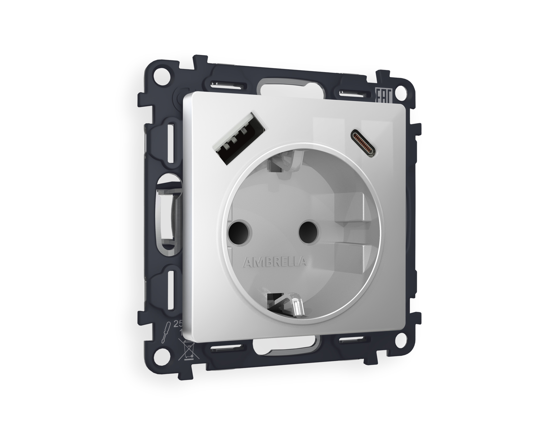 MA410010 Комплект механизма электр розетки ALFA Серебро глянец 2USB A+C 20W с/з QUANT(AP4100, VM160)