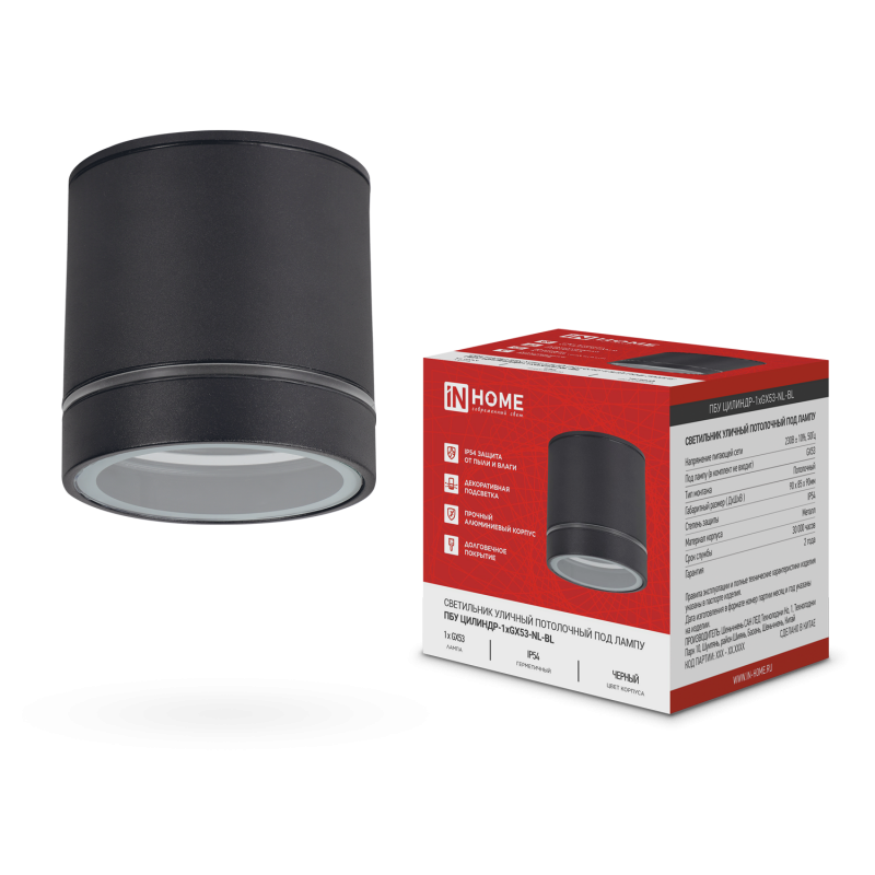 Светильник уличный потолочный ПБУ ЦИЛИНДР-1xGX53-NL-BL с подсветкой алюминиевый черный IP54 IN HOME