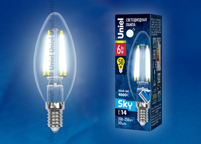 Лампа светодиодная UNIEL LED-C35-6W/NW/E14/CL PLS02WH Форма "свеча", прозрачная. Серия Sky