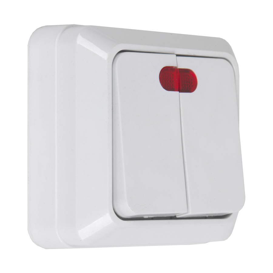 Выключатель 2-клавишный с подсветкой IP20 10А, серия Альфа, белый (1/200) 