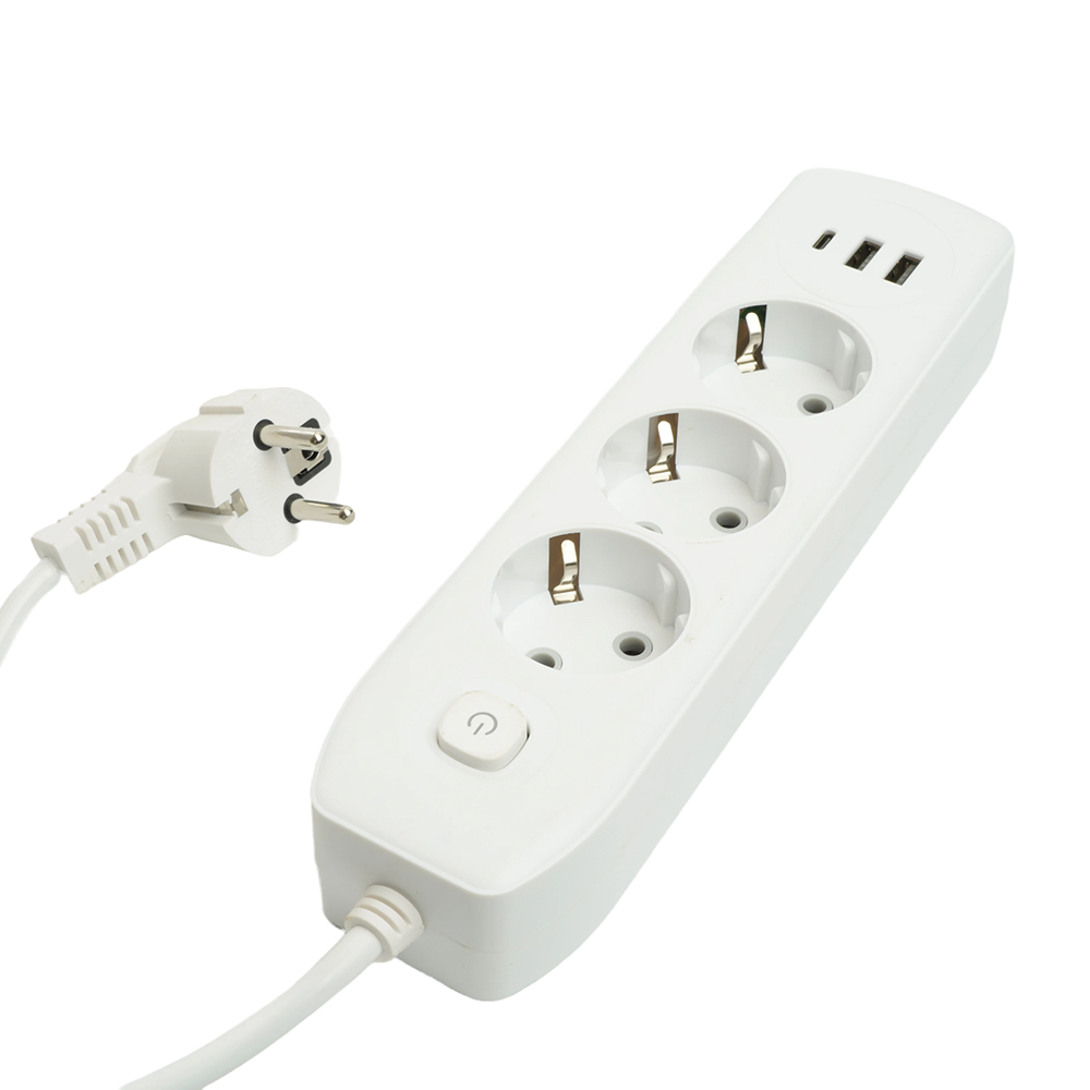 Удлинитель 3-местный c/з 3x1 мм2, 3 м, 250В, 10А, 2USB+1Type-C 2,4А, серия Home, белый STEKKER HM08-