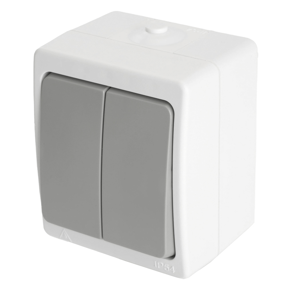 Выключатель 2-клавишный 250В, 10А, IP54, PSW10-221-54, белый/серый