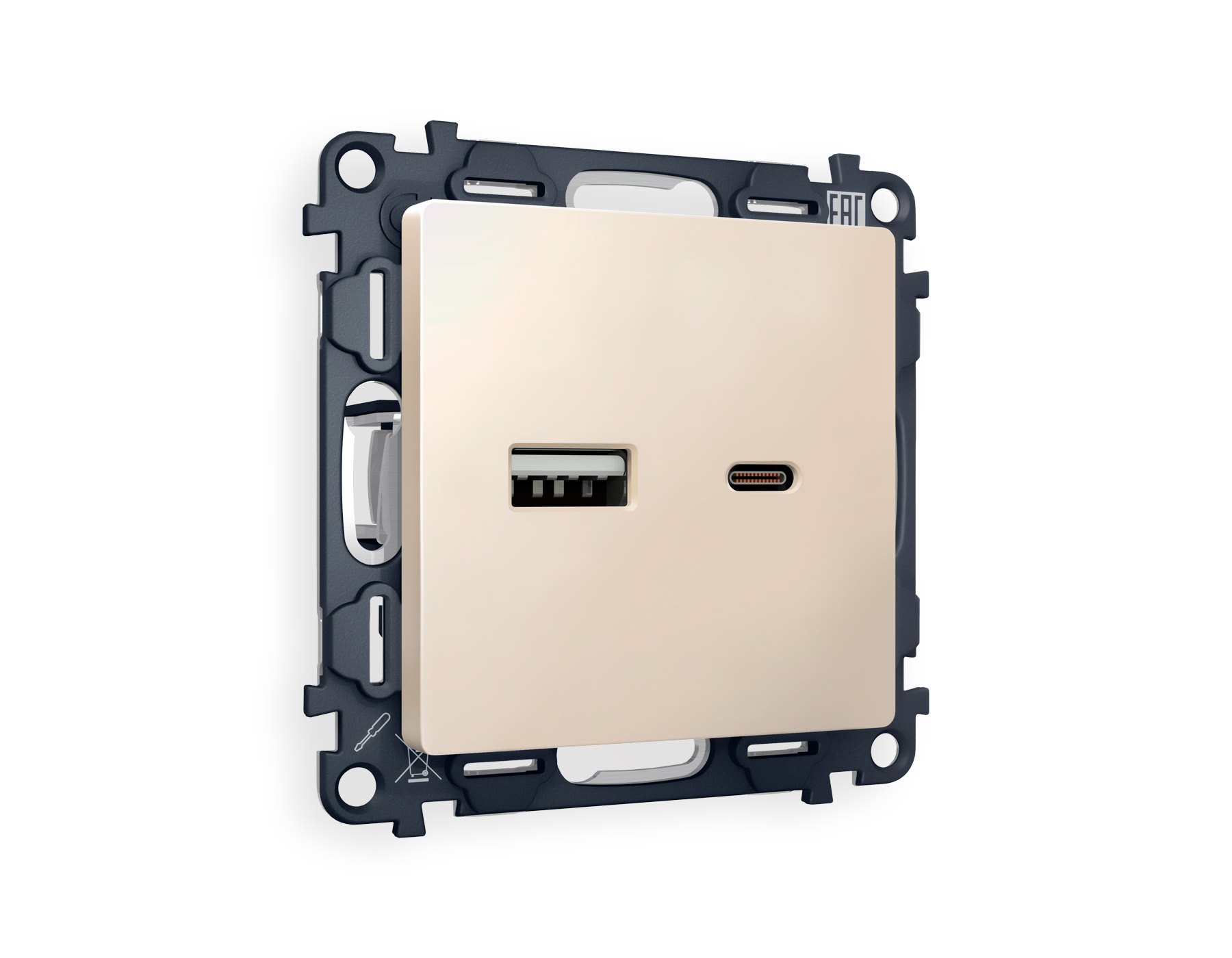 MA331010 Комплект механизма розетки ALFA Бежевый матовый 2USB A+C 20W быст зар QUANT (AP3310,VM177)