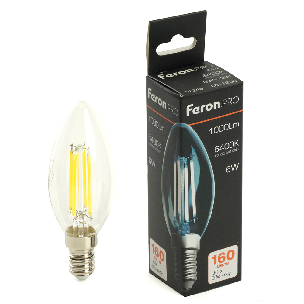 Лампа светодиодная FERON PRO LB-1206 (6W) 230V E14 6400K C35 прозрачная