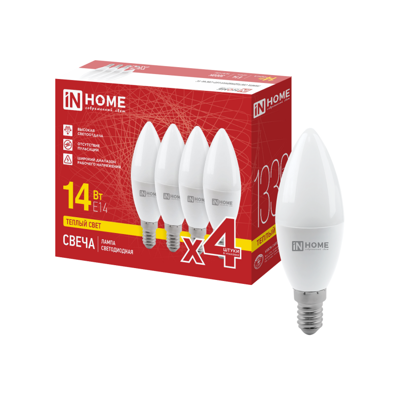 Лампа светодиодная LED-СВЕЧА-VC 4PACK 14Вт 230В Е14 3000К 1330Лм (4шт./упак) IN HOME