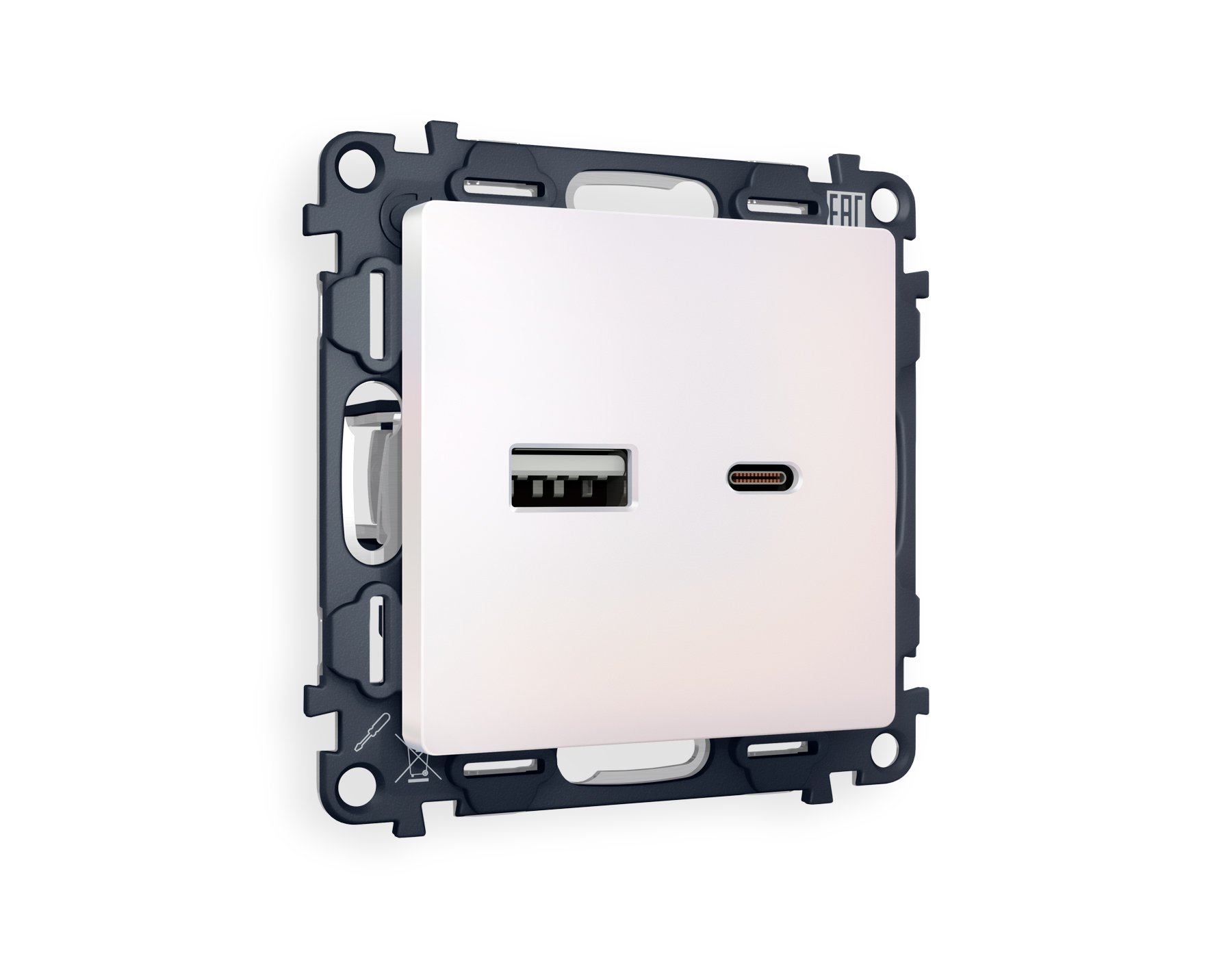 MA211010 Комплект механизма розетки ALFA Жемчуг 2USB A+C 20W (быстрая зарядка) QUANT (AP2110, VM177)