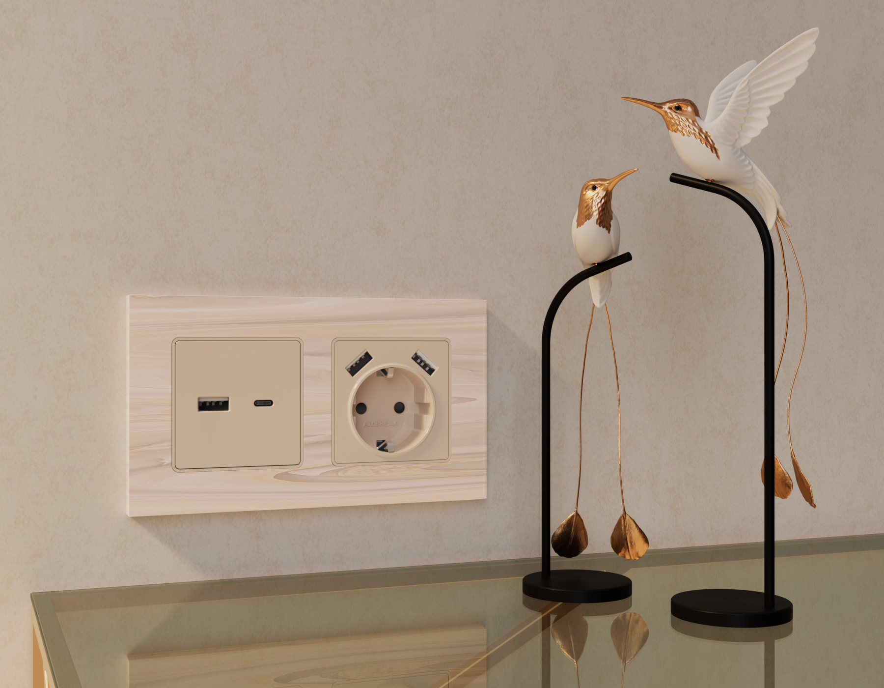 MA331010 Комплект механизма розетки ALFA Бежевый матовый 2USB A+C 20W быст зар QUANT (AP3310,VM177)