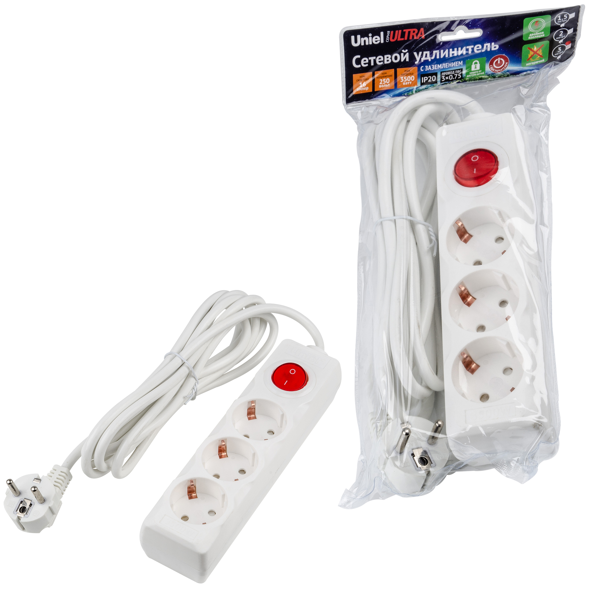 Удлинитель UNIEL S-GCU3-3B WHITE шнур 3м., 3 гнезда, 16A, с/з. Белый. серии Ultra