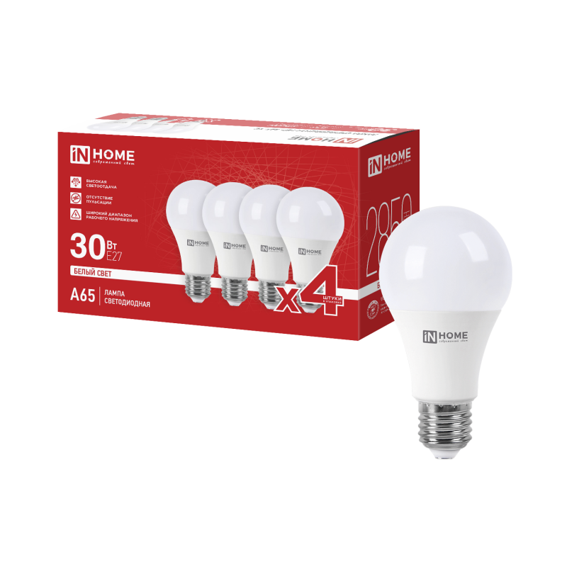 Лампа светодиодная LED-A65-VC 4PACK 30Вт 230В Е27 4000К 2850Лм (4шт./упак) IN HOME