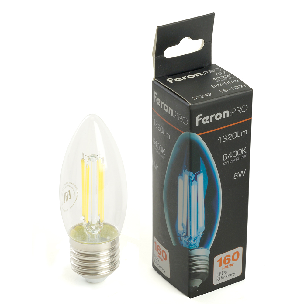 Лампа светодиодная FERON PRO LB-1208 (8W) 230V E27 6400K C35 прозрачная