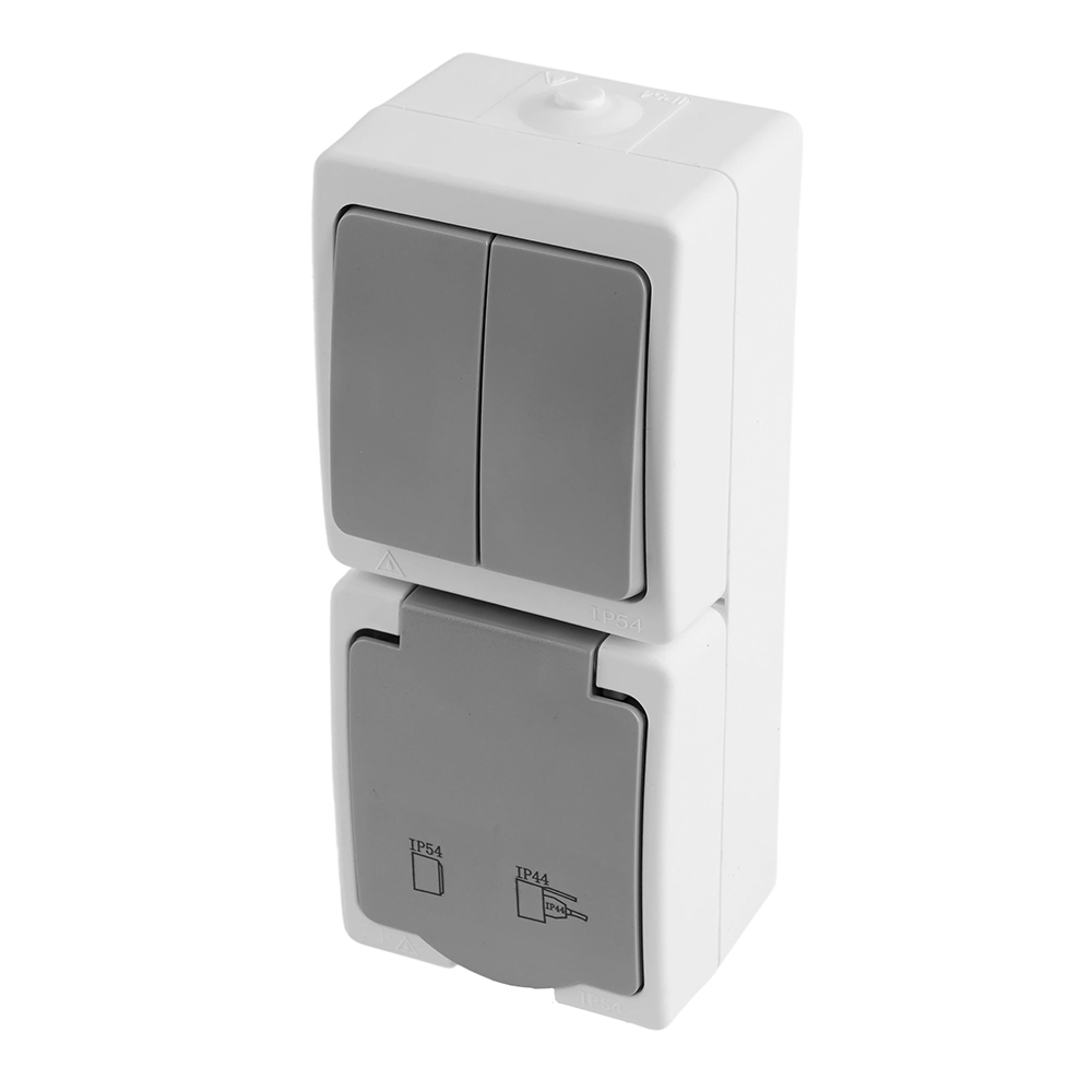 Блок вертикальный: розетка 1-мест с/з, 250В,16А+выкл 2-клав., IP54, PST16-21-54, белый/серый