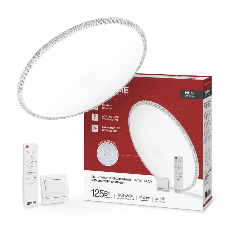 Светильник сд NEO MYSTERY-125RC-WH 125Вт 230В 3000-6500K 10000Лм 460x67мм с пультом ДУ белый IN HOME