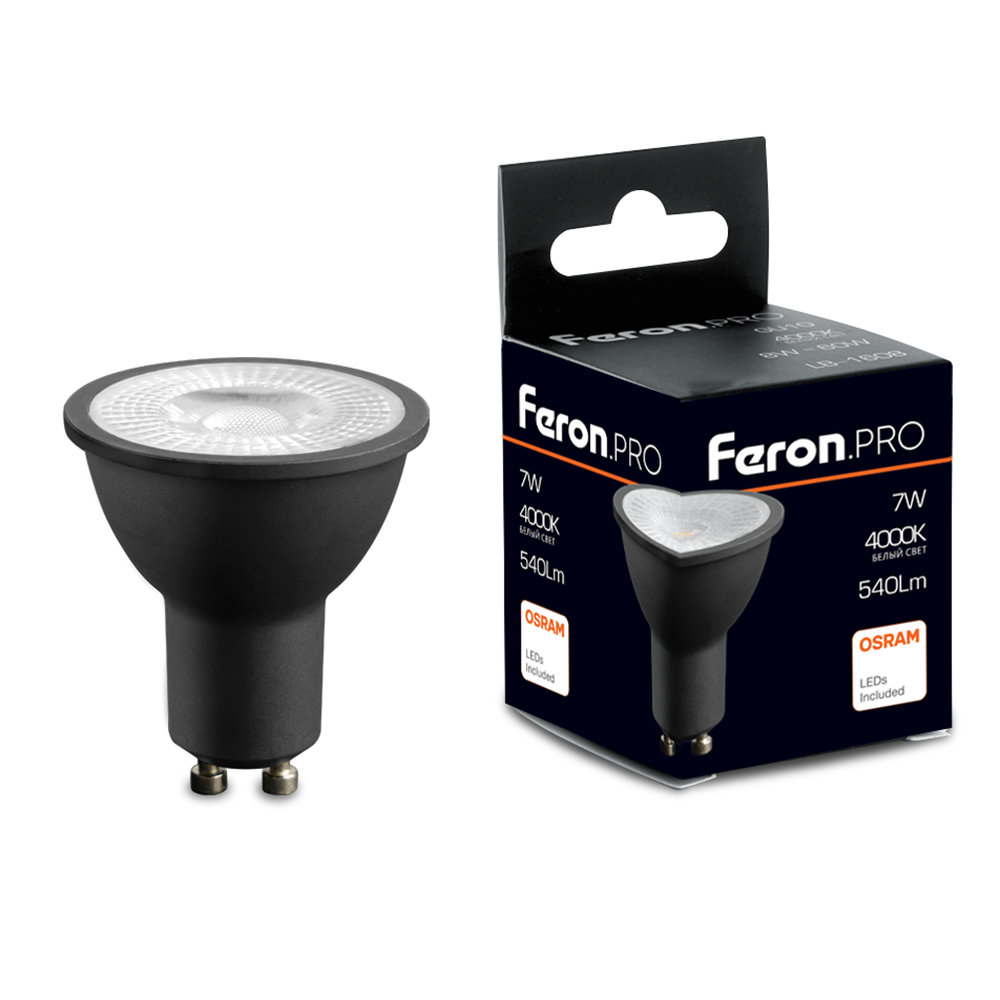 Лампа светодиодная FERON LB-1607 (7W) 230V GU10 4000K MR16 в черном корпусе с линзой 110гр OSRAM