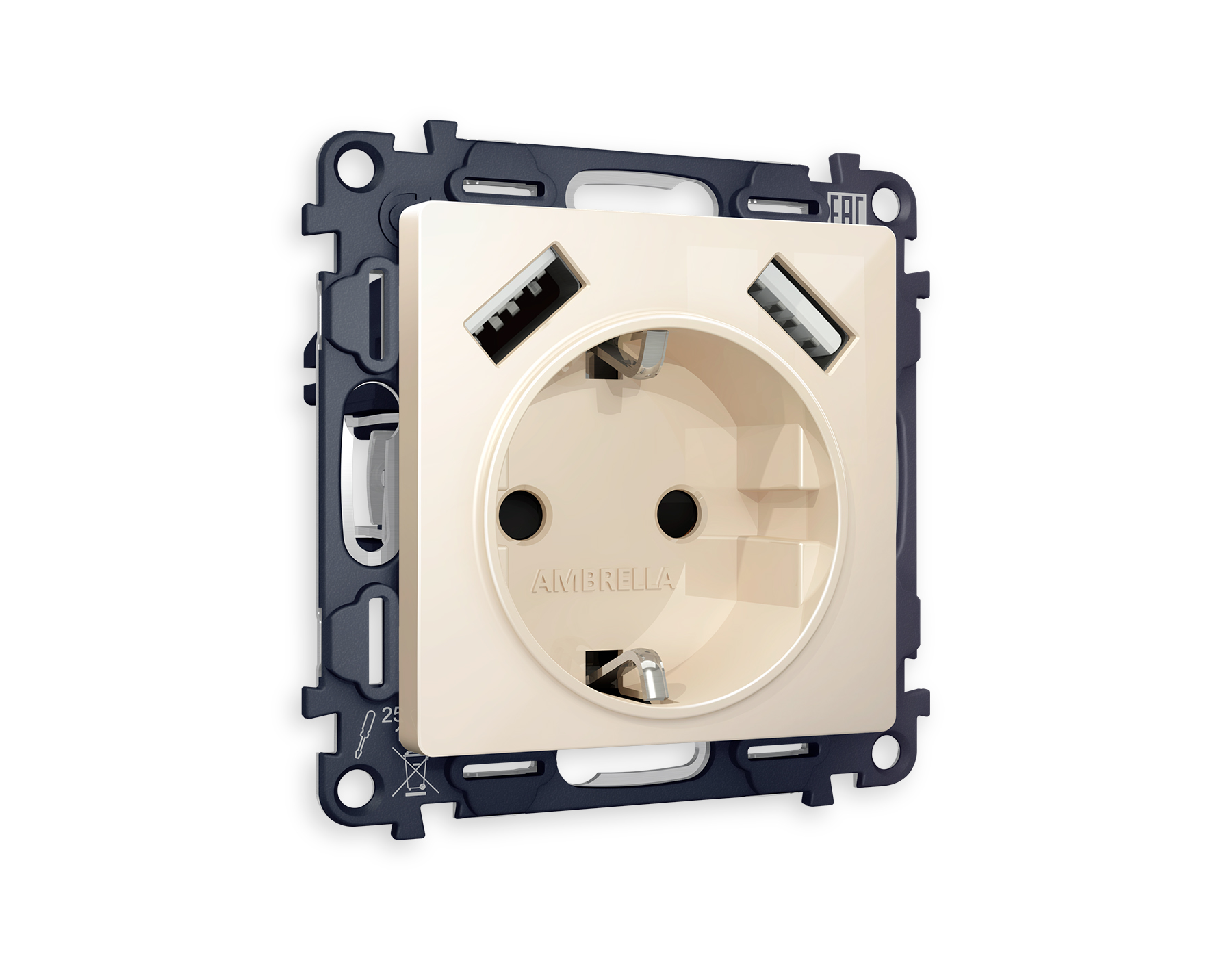 MA309010 Комплект механизма электр розетки ALFA Бежевый глянец 2USB A+A 18W QUANT (AP3090,VM155)