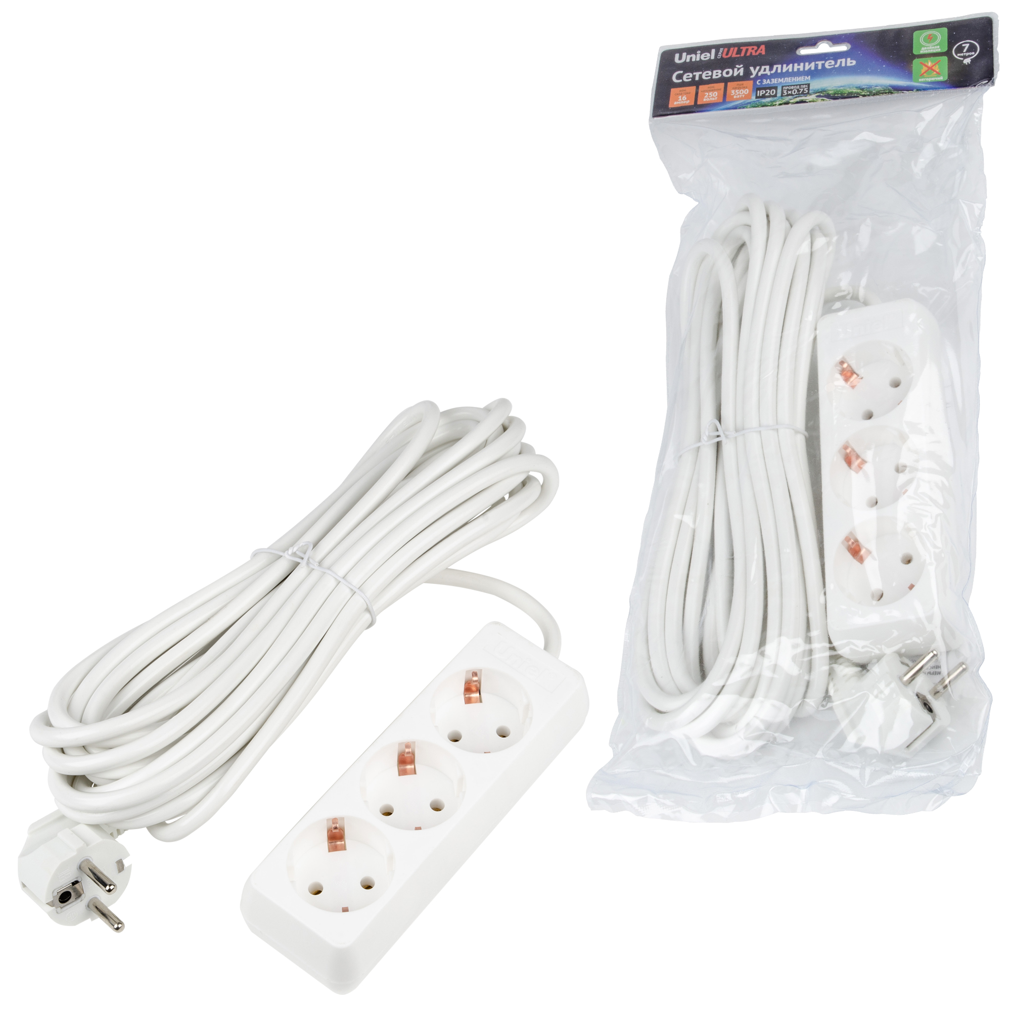 Удлинитель UNIEL S-GCU3-7 WHITE шнур 7м., 3 гнезда, 16A, с/з. Белый. серии Ultra