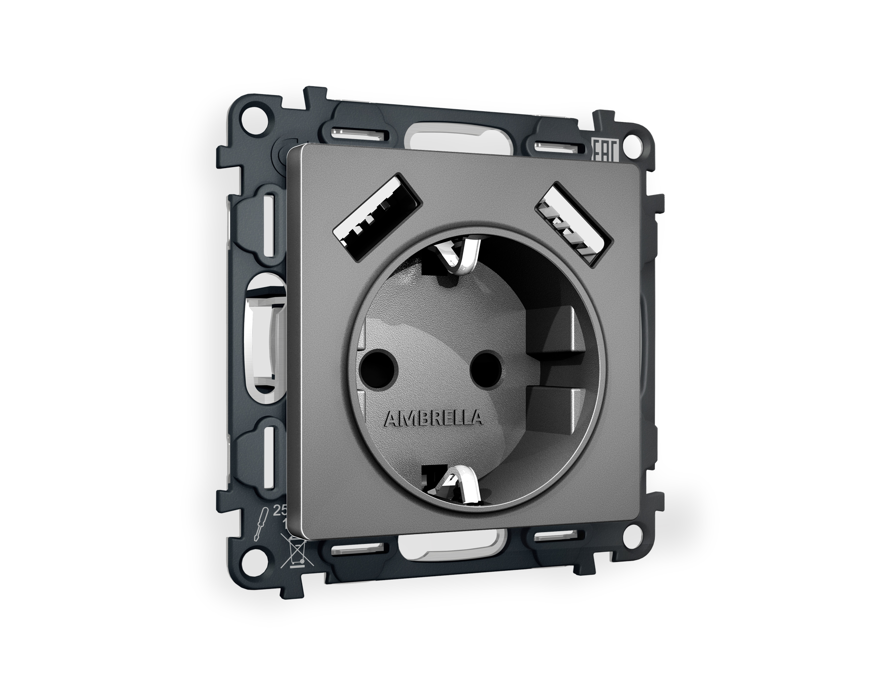 MA659010 Комплект механизма электр розетки ALFA Антрацит серый 2USB A+A 18W с/з QUANT(AP6590,VM155)