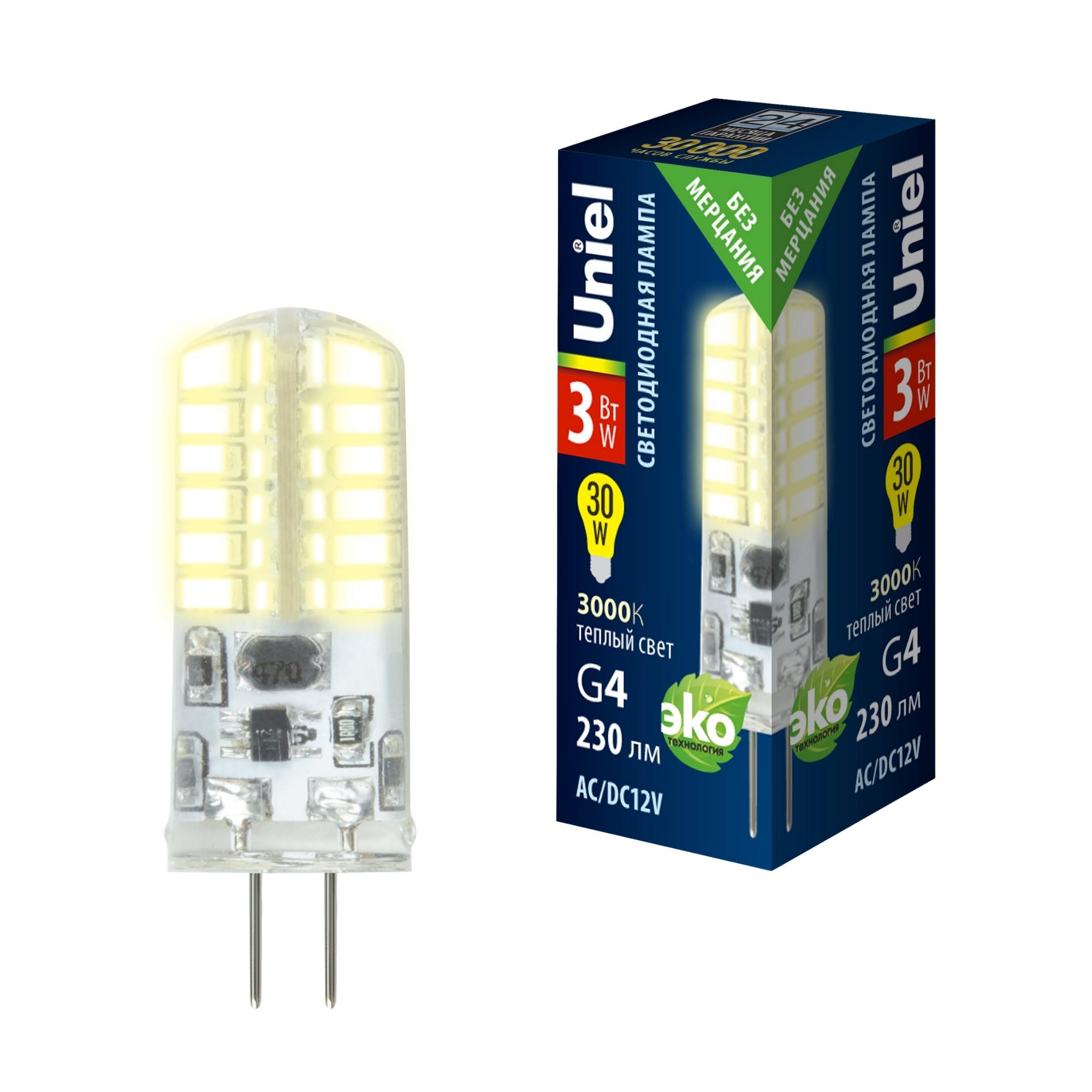 Лампа светодиодная UNIEL LED-JC-12/3W/3000K/G4/CL SIZ05TR силикон