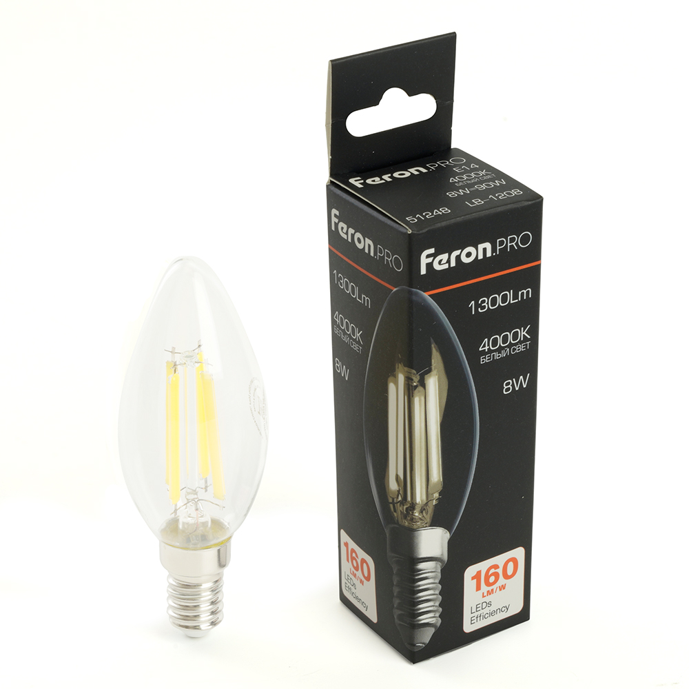 Лампа светодиодная FERON PRO LB-1208 (8W) 230V E14 4000K C35 прозрачная 